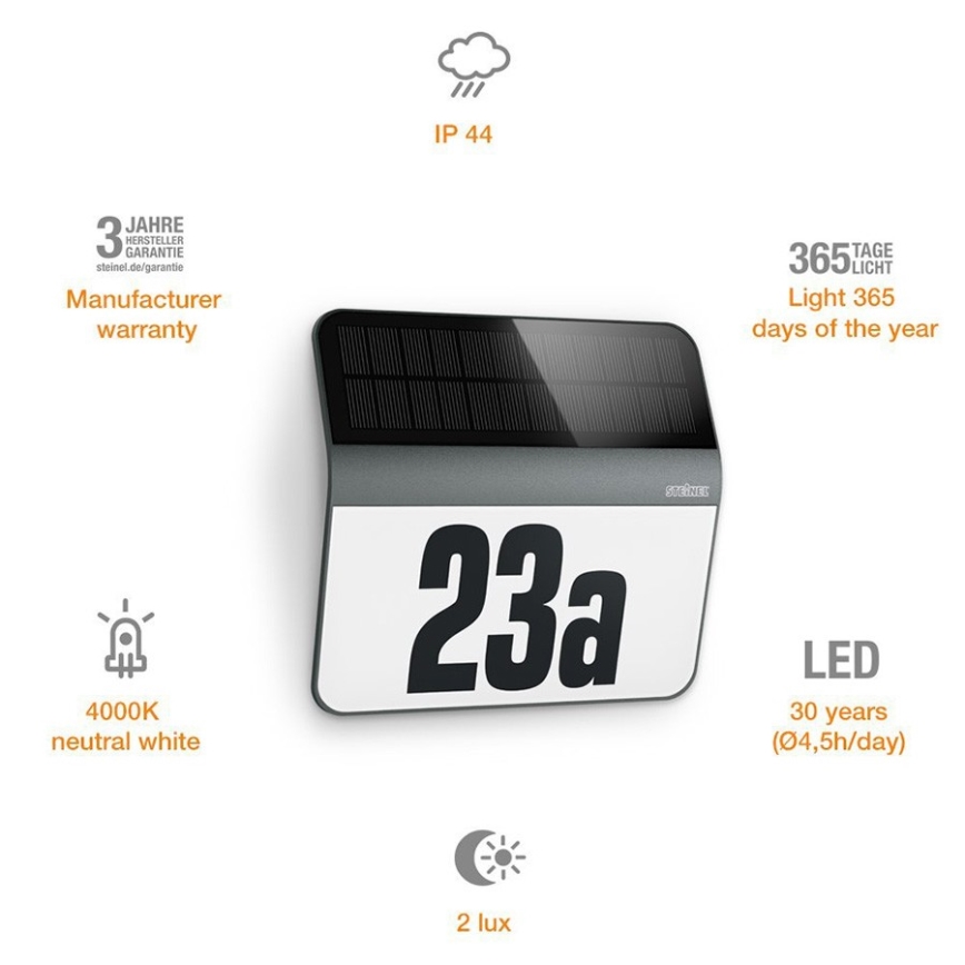 STEINEL 035730 - Numéro de maison solaire LED XSolar LH-N LED/0,03W IP44 2500 mAh