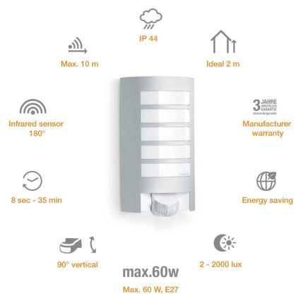 Steinel 657918 - Applique murale extérieure avec détecteur L12S 1xE27/60W/230V IP44