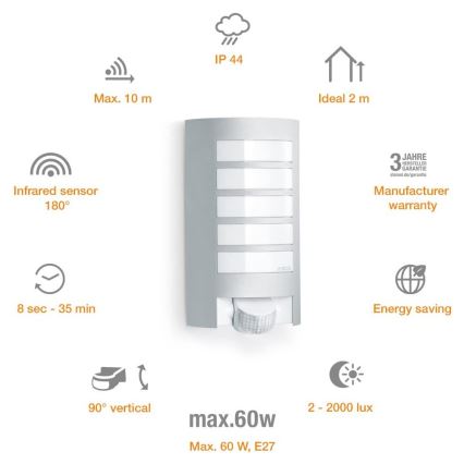 Steinel 657918 - Applique murale extérieure avec détecteur L12S 1xE27/60W/230V IP44