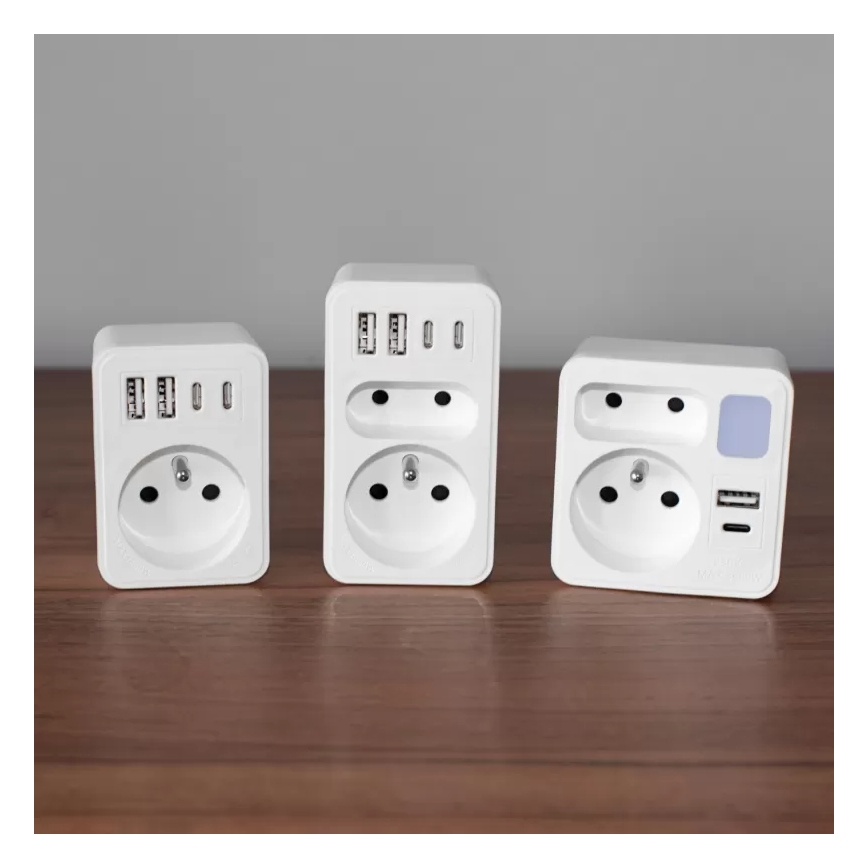 Stekkeradapter met 2 stopcontacten + USB-C + USB-A met geïntegreerde LED-verlichting LED/0,5W/230V 3000K