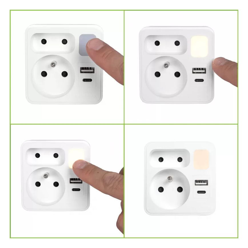 Stekkeradapter met 2 stopcontacten + USB-C + USB-A met geïntegreerde LED-verlichting LED/0,5W/230V 3000K