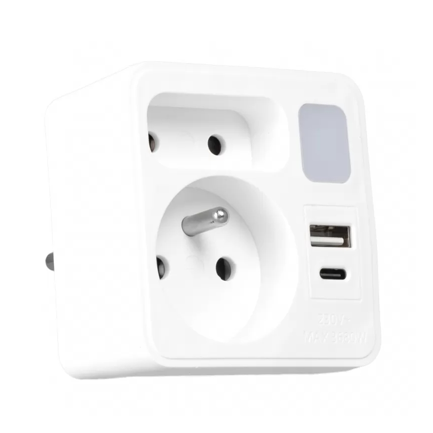 Stekkeradapter met 2 stopcontacten + USB-C + USB-A met geïntegreerde LED-verlichting LED/0,5W/230V 3000K
