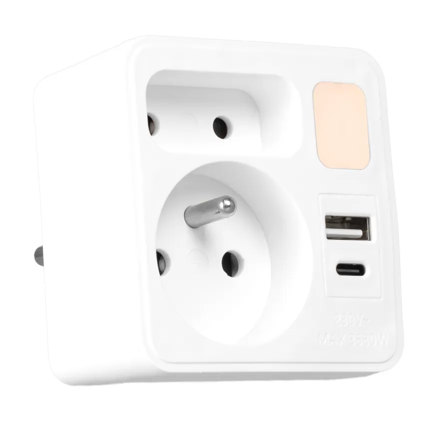 Stekkeradapter met 2 stopcontacten + USB-C + USB-A met geïntegreerde LED-verlichting LED/0,5W/230V 3000K