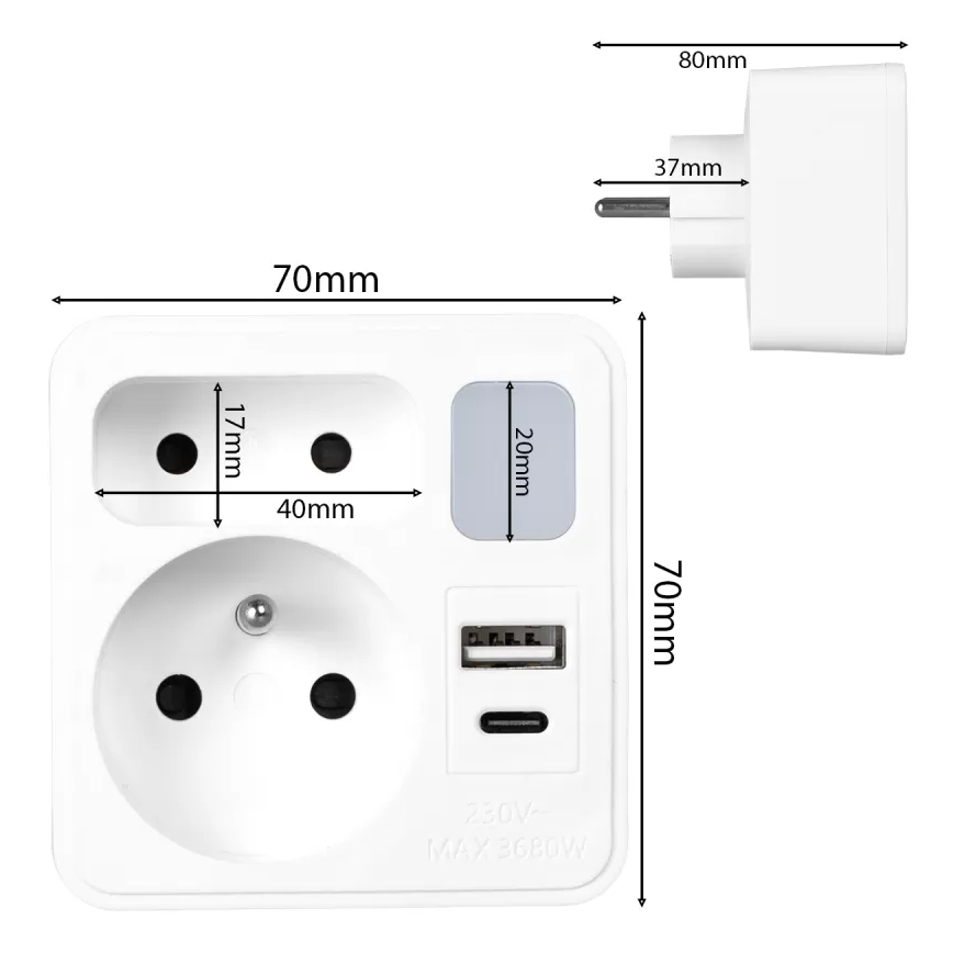 Stekkeradapter met 2 stopcontacten + USB-C + USB-A met geïntegreerde LED-verlichting LED/0,5W/230V 3000K