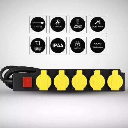 Stekkerdoos met schakelaar 5-voudig 3m IP44