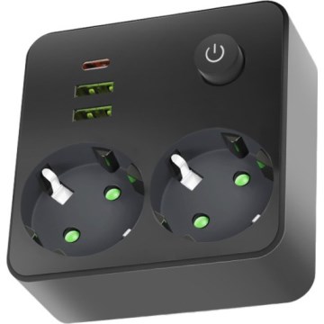 Stekkerdoos met schakelaar LINEA 2x230V + 3x USB-A/USB-C SCHUKO zwart