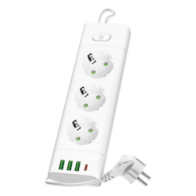 Stekkerdoos met schakelaar LINEA PRO 3x230V+ 3xUSB-A + 1xUSB-C SCHUKO 1,5 m wit