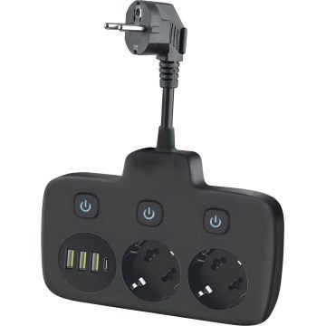 Stekkerdoossplitter met schakelaar LINEA 2x230V + 4xUSB A/C SCHUKO zwart