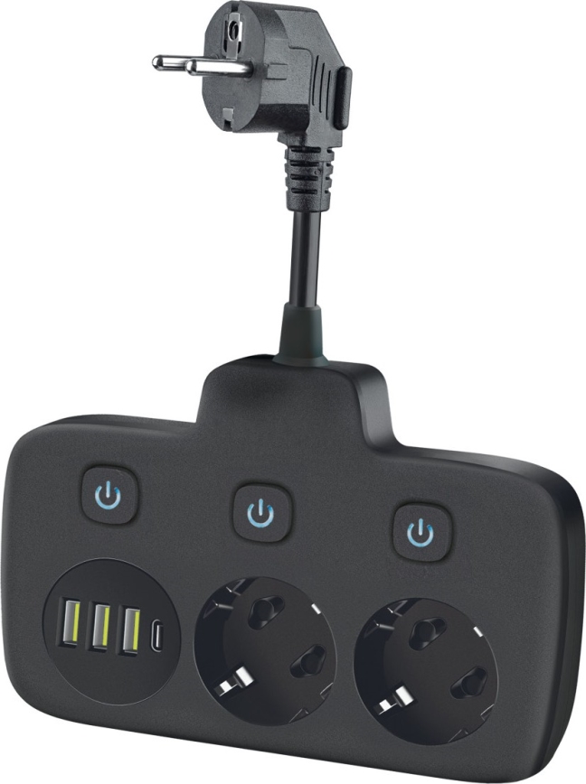 Stekkerdoossplitter met schakelaar LINEA 2x230V + 4xUSB A/C SCHUKO zwart