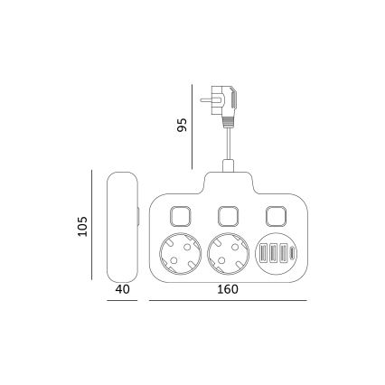 Stekkerdoossplitter met schakelaar LINEA 2x230V + 4xUSB A/C SCHUKO zwart
