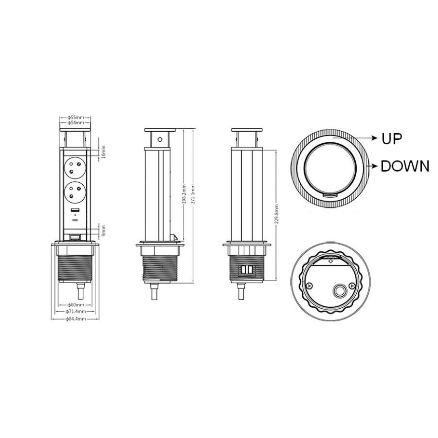Stopcontactkolom voor tafelblad 2x230V + USB-A + USB-C