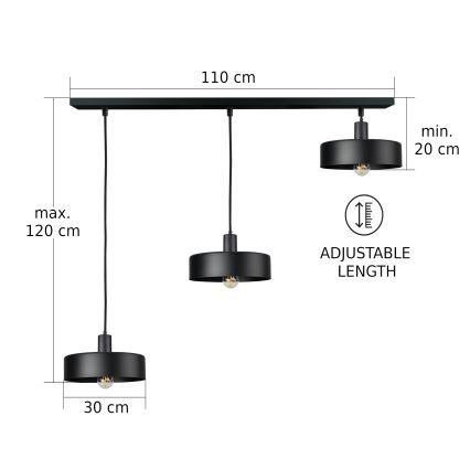 Suspension à câble ARCANE 3xE27/60W/230V noire