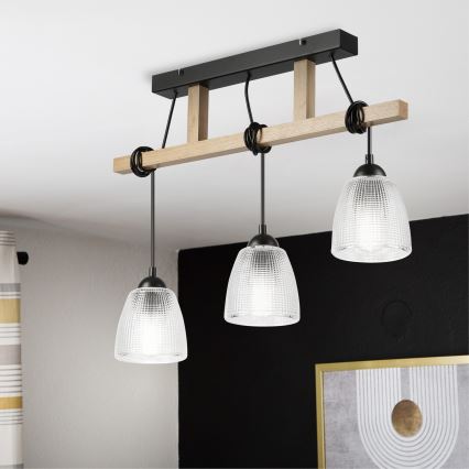 Suspension à câble LEANDRA 3x E27/15 W/230 V chêne/noir
