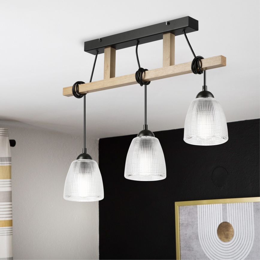 Suspension à câble LEANDRA 3x E27/15 W/230 V chêne/noir