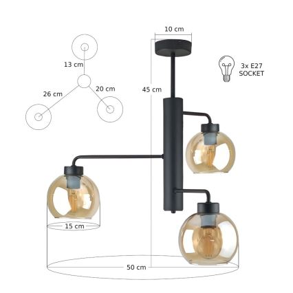 Suspension-barre FLEX 3xE27/60W/230V noir/fumé beige