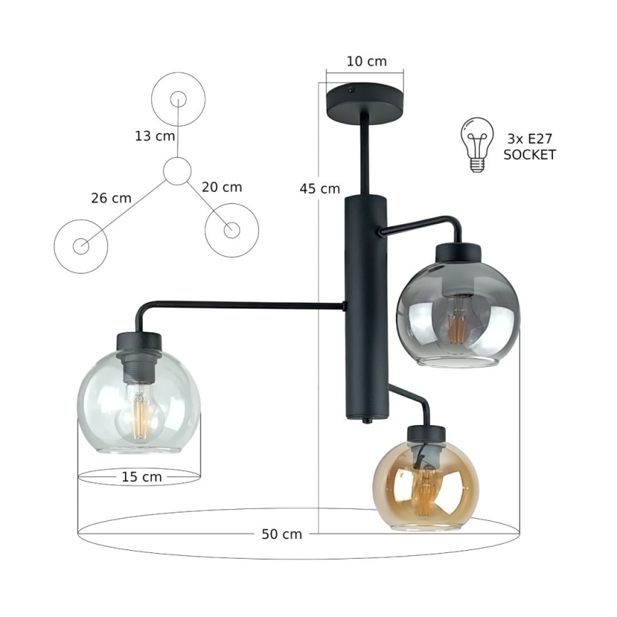Suspension-barre FLEX 3xE27/60W/230V noir/fumé noir/fumé beige/transparent