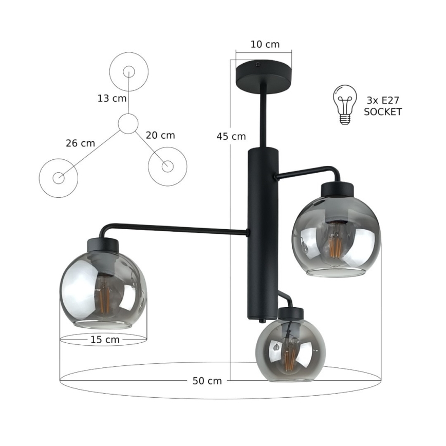 Suspension-barre FLEX 3xE27/60W/230V noir/fumé noir
