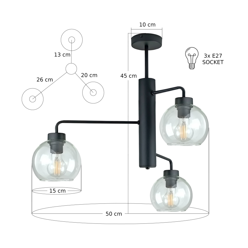 Suspension-barre FLEX 3xE27/60W/230V noir/transparent
