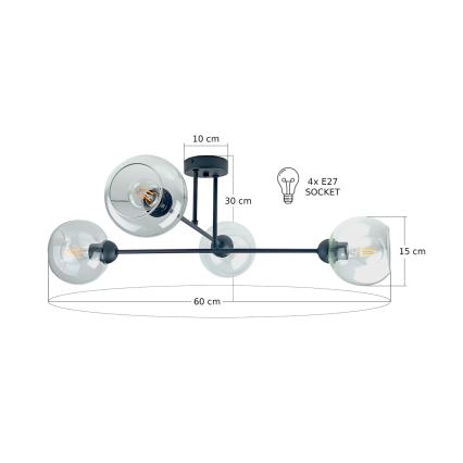 Suspension-barre VASCO 4xE27/60W/230V noir/transparent