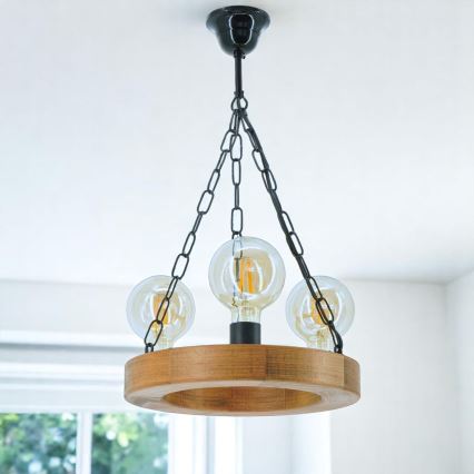 Suspension chaîne IOS 3xE27/60W/230V d. 30 cm hêtre