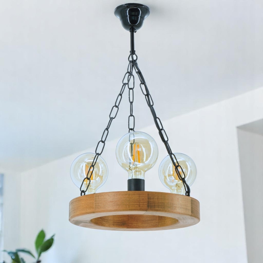Suspension chaîne IOS 3xE27/60W/230V d. 30 cm hêtre