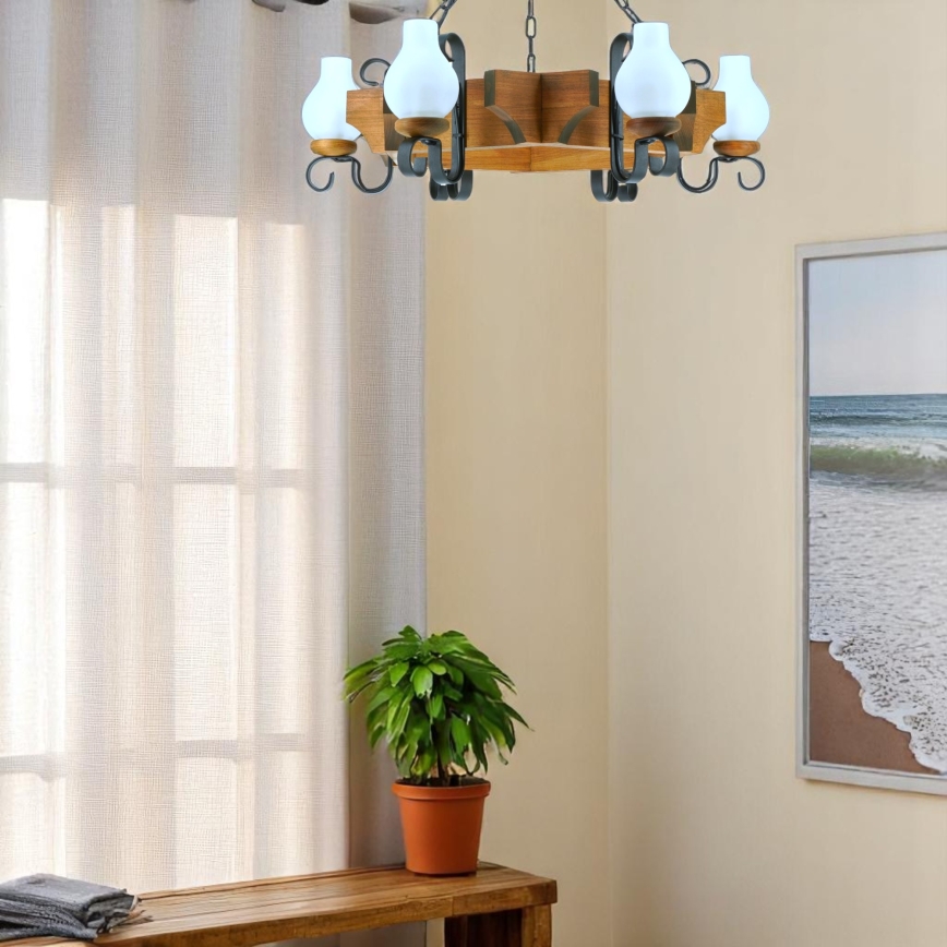 Suspension chaîne QUEEN 6xE14/40W/230V hêtre
