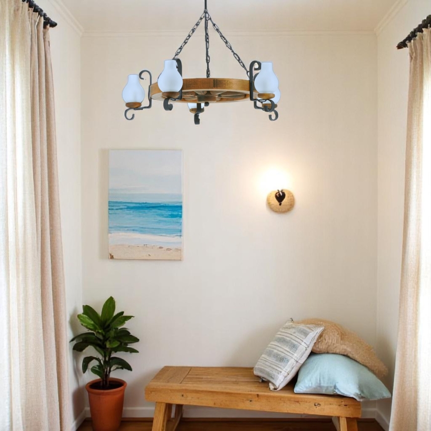 Suspension chaîne ROATA 5xE14/40W/230V d. 70 cm hêtre