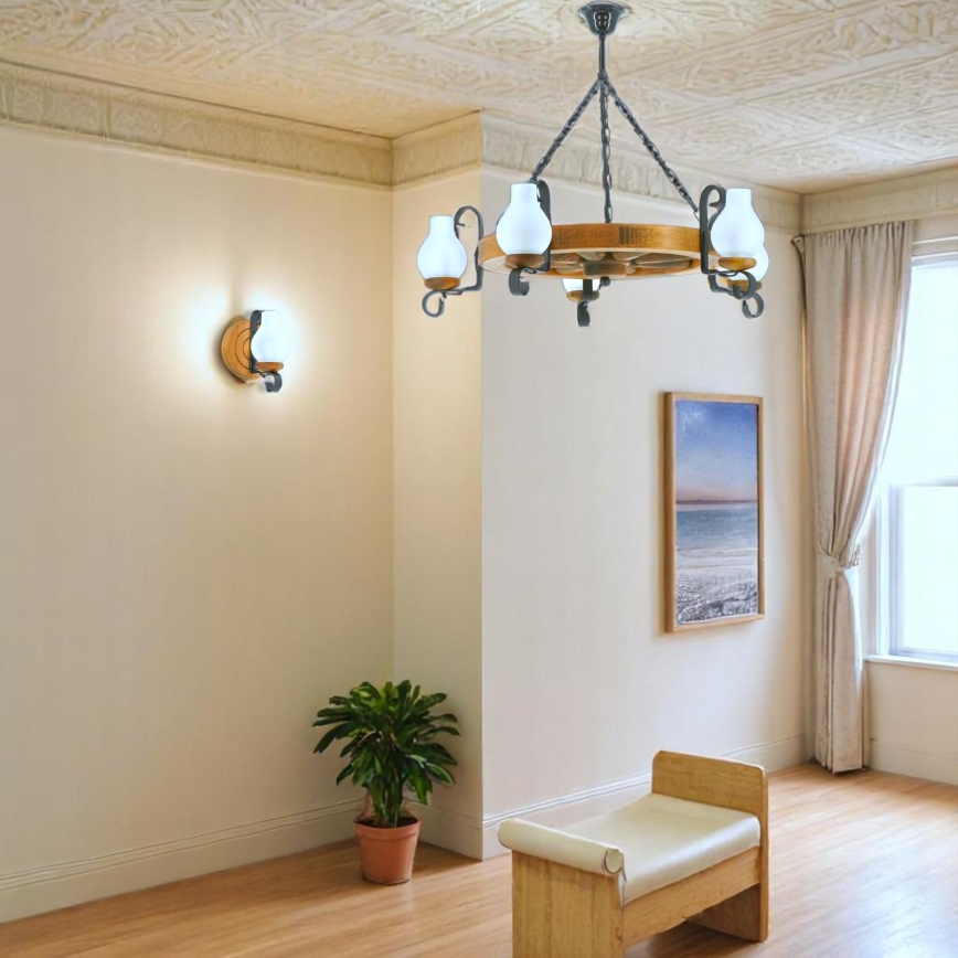 Suspension chaîne ROATA 5xE14/40W/230V d. 70 cm hêtre