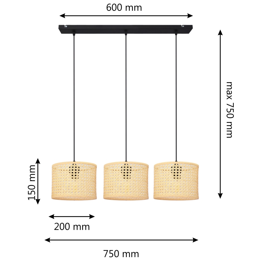 Suspension filaire ALBA 3xE27/15W/230V rotin/noir