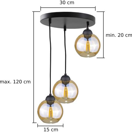 Suspension filaire AMBRE BLACK 3xE27/60W/230V diam. 30 cm