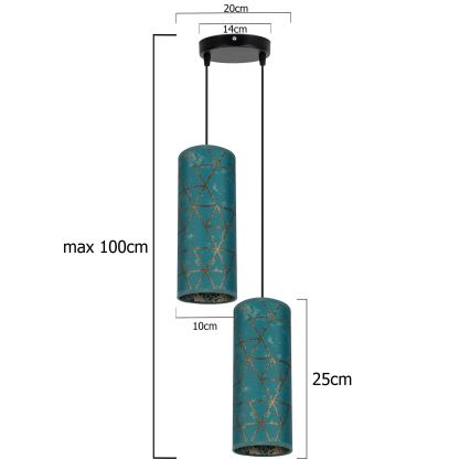 Suspension filaire AVALO 2xE27/60W/230V diam. 20 cm turquoise/doré