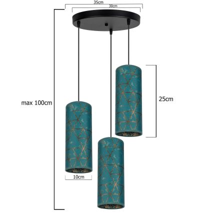 Suspension filaire AVALO 3xE27/60W/230V diam. 35 cm turquoise/doré