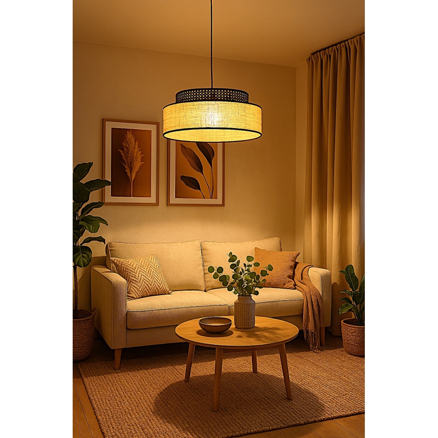 Suspension filaire BOHO 1xE27/60W/230V noir/rotin