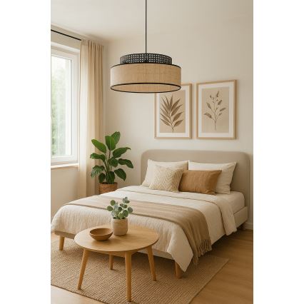 Suspension filaire BOHO 1xE27/60W/230V noir/rotin