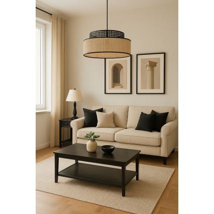 Suspension filaire BOHO 1xE27/60W/230V noir/rotin