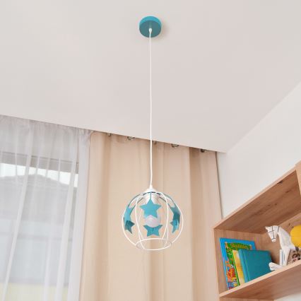 Suspension filaire enfant STARS 1xE27/15W/230V turquoise/blanc