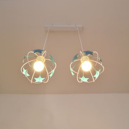 Suspension filaire enfant STARS 2xE27/15W/230V turquoise/blanc
