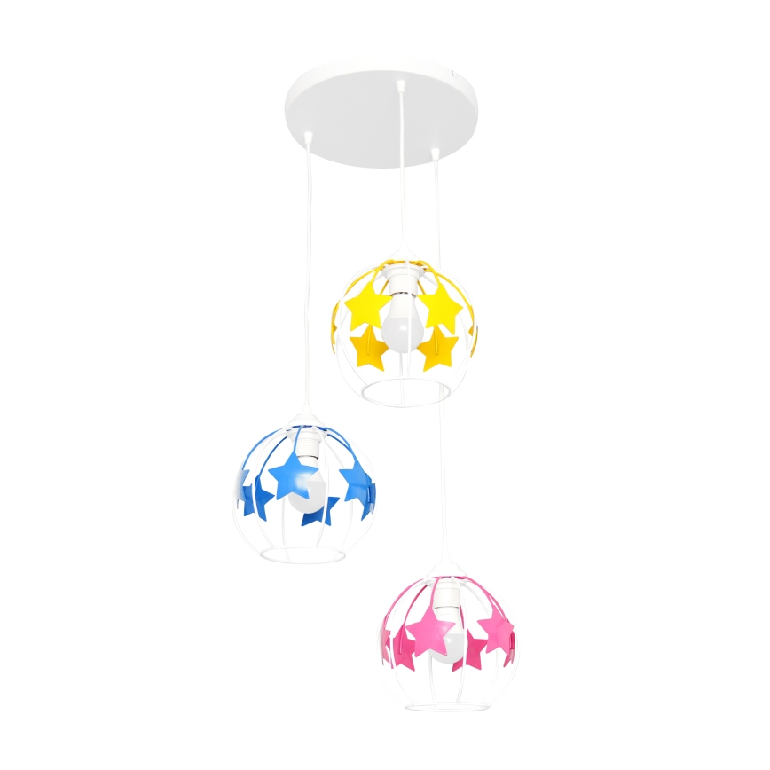 Suspension filaire enfant STARS 3xE27/15W/230V bleu/rose/jaune