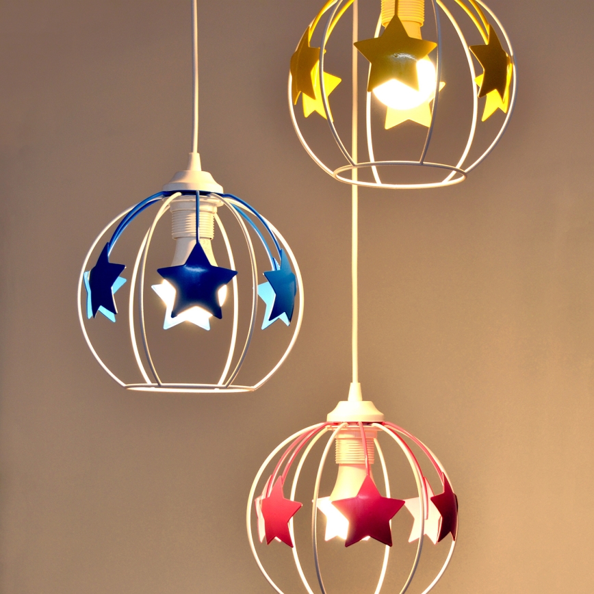 Suspension filaire enfant STARS 3xE27/15W/230V bleu/rose/jaune