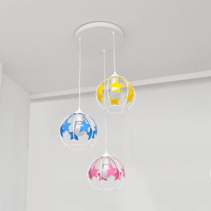 Suspension filaire enfant STARS 3xE27/15W/230V bleu/rose/jaune