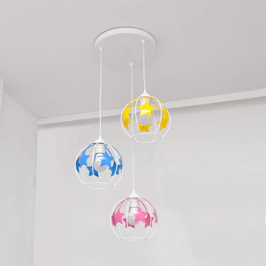Suspension filaire enfant STARS 3xE27/15W/230V bleu/rose/jaune