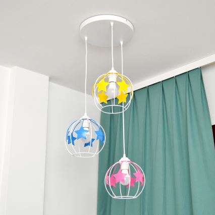 Suspension filaire enfant STARS 3xE27/15W/230V bleu/rose/jaune