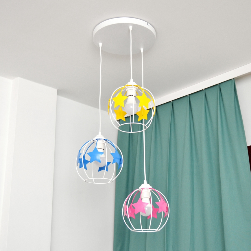 Suspension filaire enfant STARS 3xE27/15W/230V bleu/rose/jaune