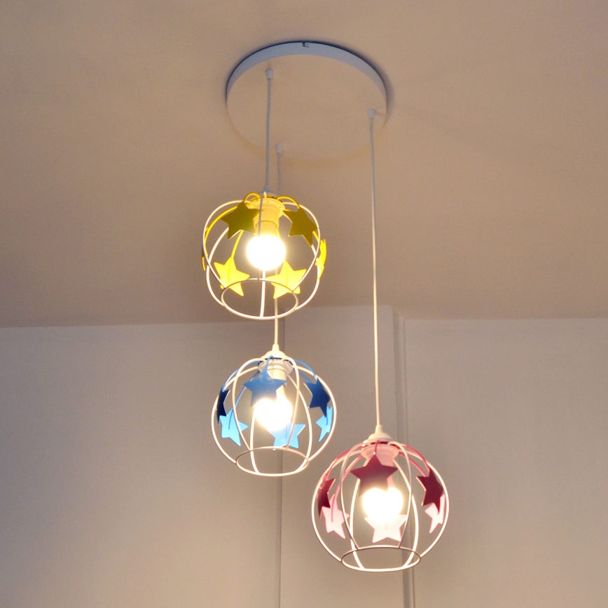 Suspension filaire enfant STARS 3xE27/15W/230V bleu/rose/jaune