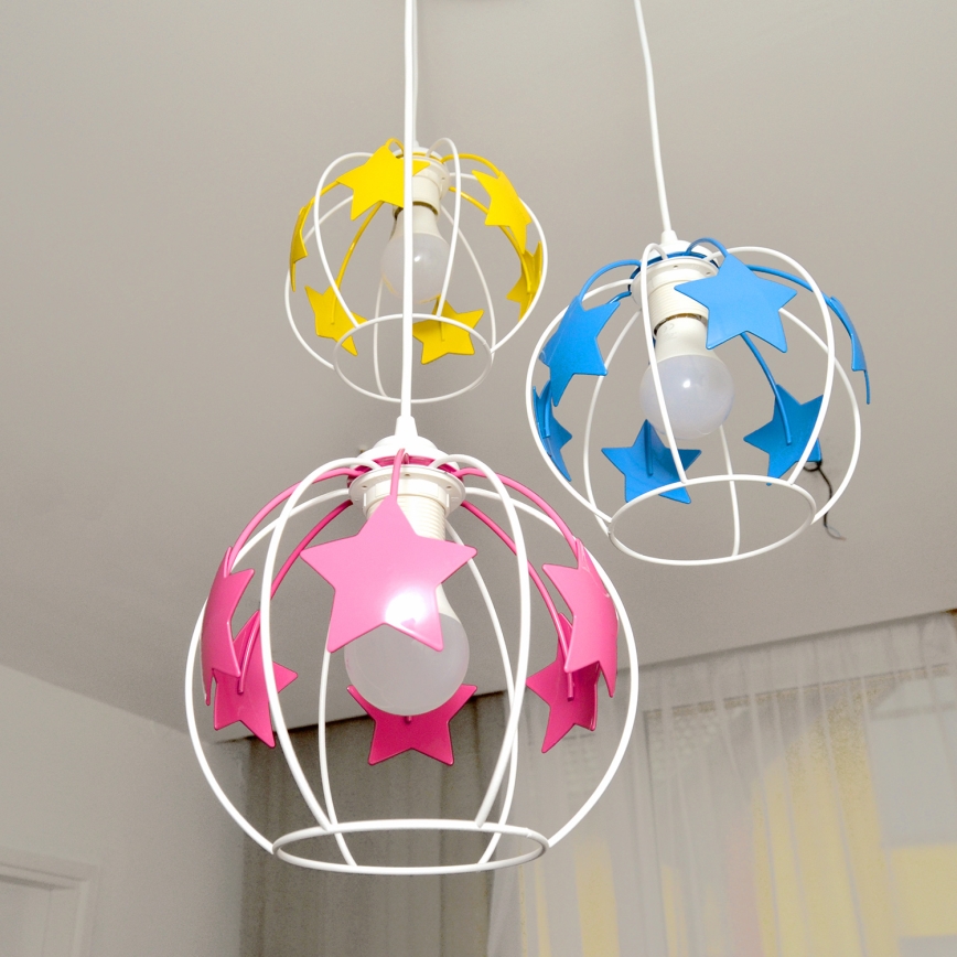 Suspension filaire enfant STARS 3xE27/15W/230V bleu/rose/jaune