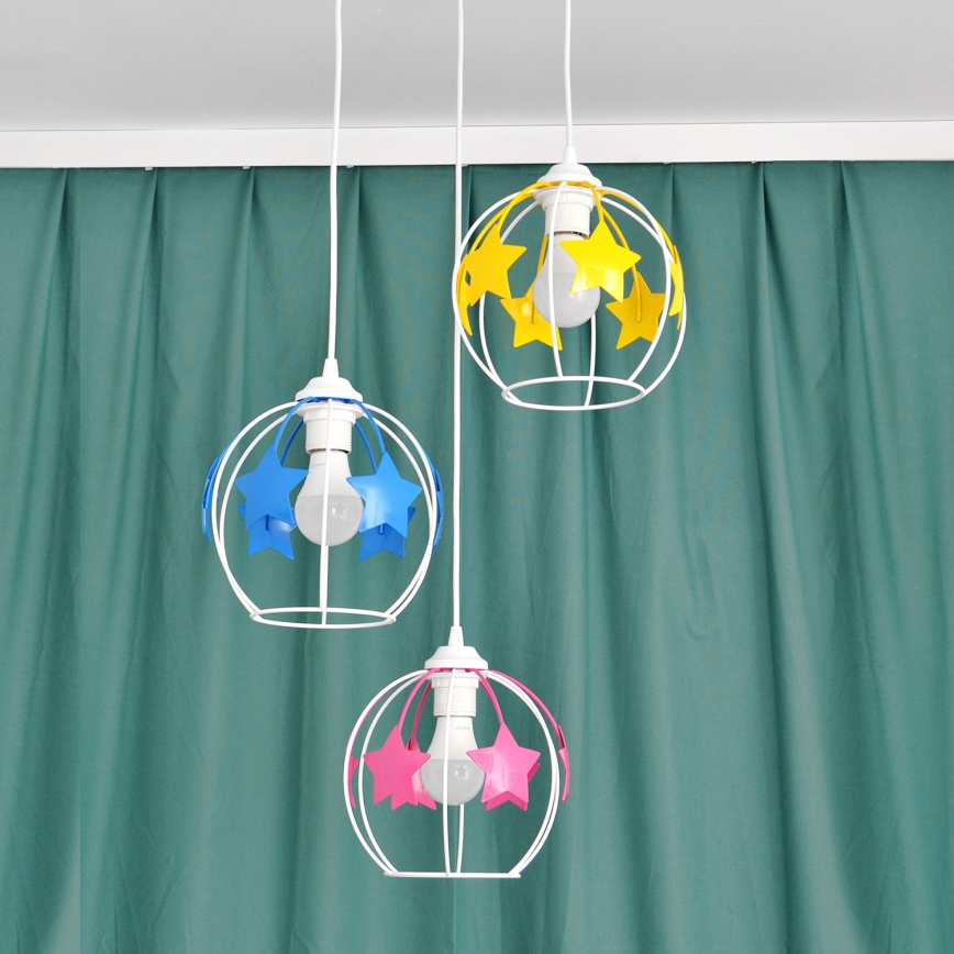 Suspension filaire enfant STARS 3xE27/15W/230V bleu/rose/jaune