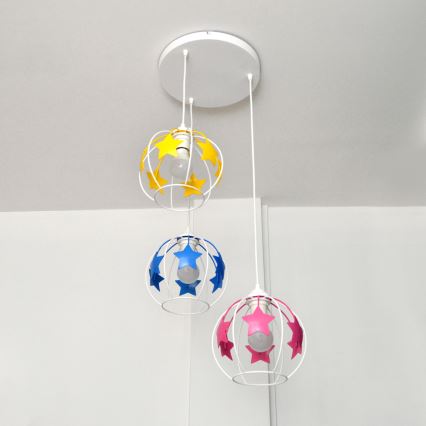 Suspension filaire enfant STARS 3xE27/15W/230V bleu/rose/jaune