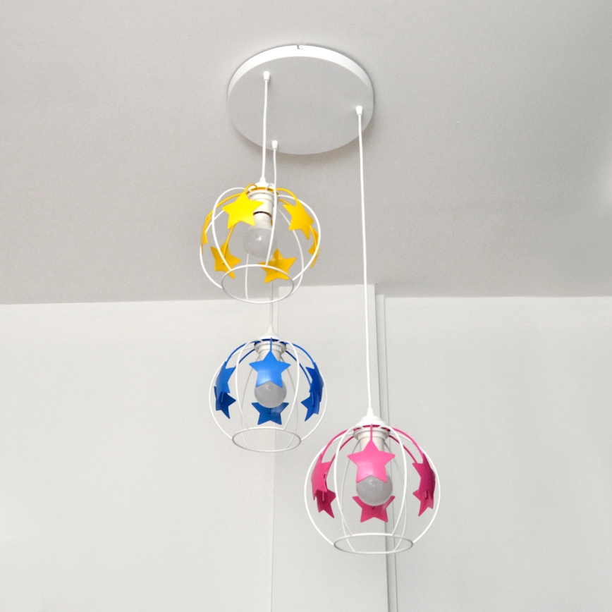 Suspension filaire enfant STARS 3xE27/15W/230V bleu/rose/jaune