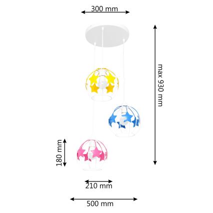 Suspension filaire enfant STARS 3xE27/15W/230V bleu/rose/jaune