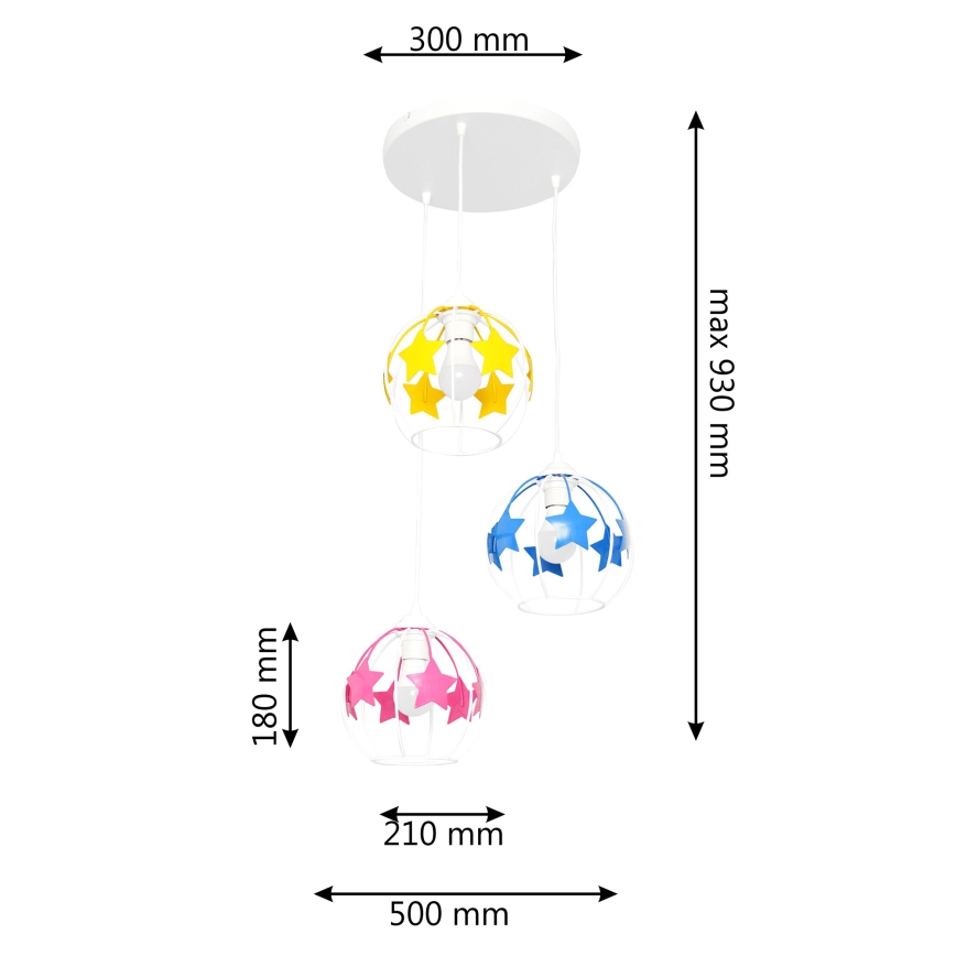 Suspension filaire enfant STARS 3xE27/15W/230V bleu/rose/jaune